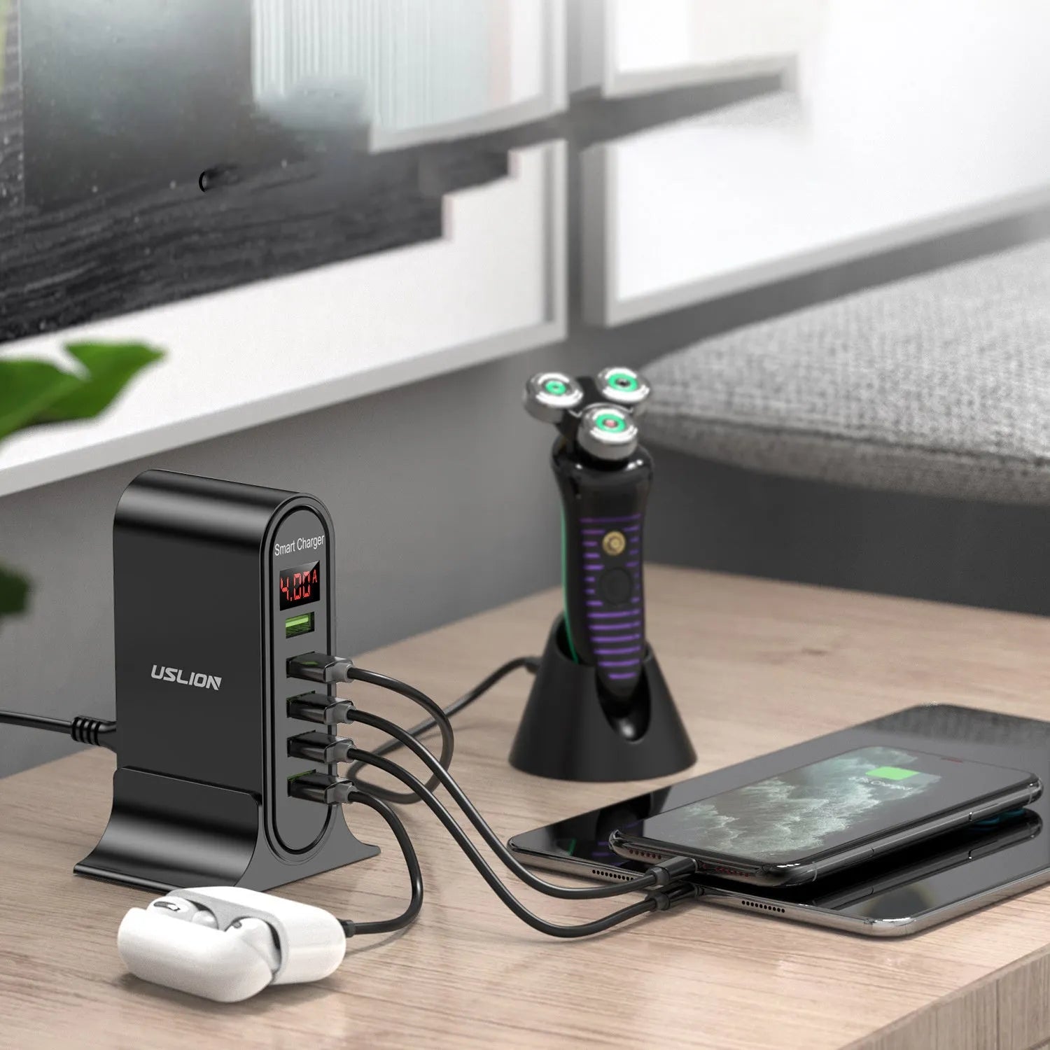 Black and white Smart LED Digital Display USB wall charger showing UK, US, and EU plug style options.