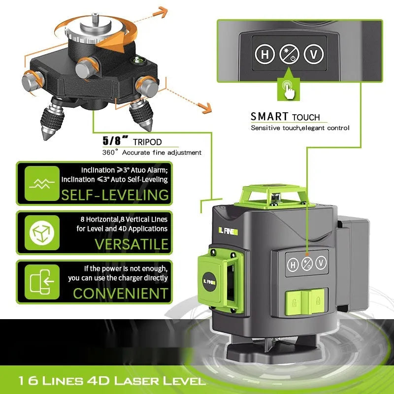 Green 16-line 3D self-levelling laser level on a work surface showing multiple projected lines.