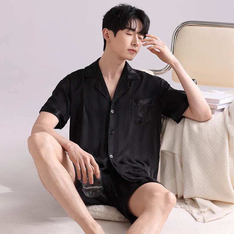 Men's ice silk summer pyjama set with cardigan top and shorts in satin jacquard pattern