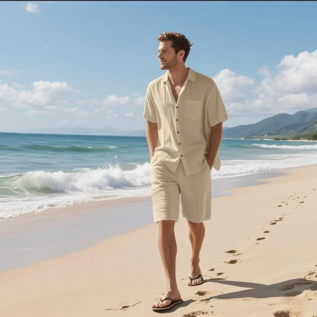 Linen blend casual short sleeve shirt and matching shorts set laid flat, shown in light blue colour.