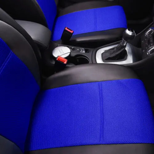 Artificial leather car seat cover set in black, showing front seat and headrest covers with hook fasteners.
