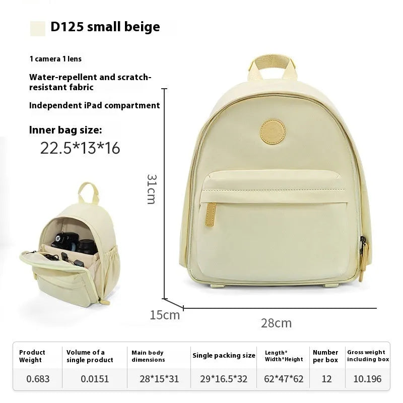 Women's solid-colour shoulder camera bag with a detachable iPad pocket in splash-proof polyester fabric.