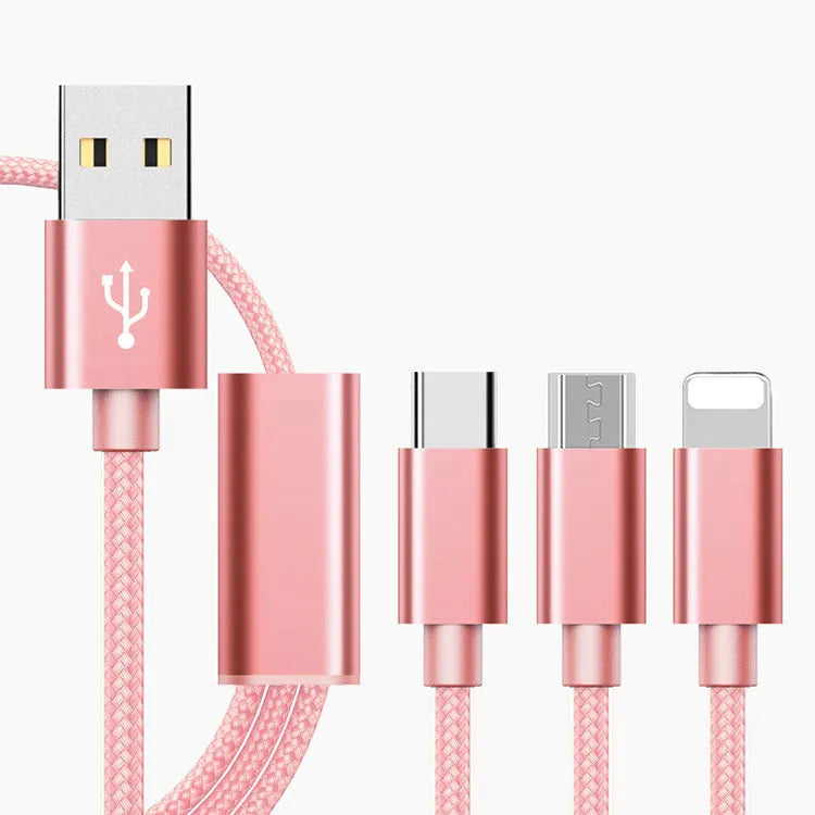 Three-in-one Micro USB charging cable for mobile phones in six colour options