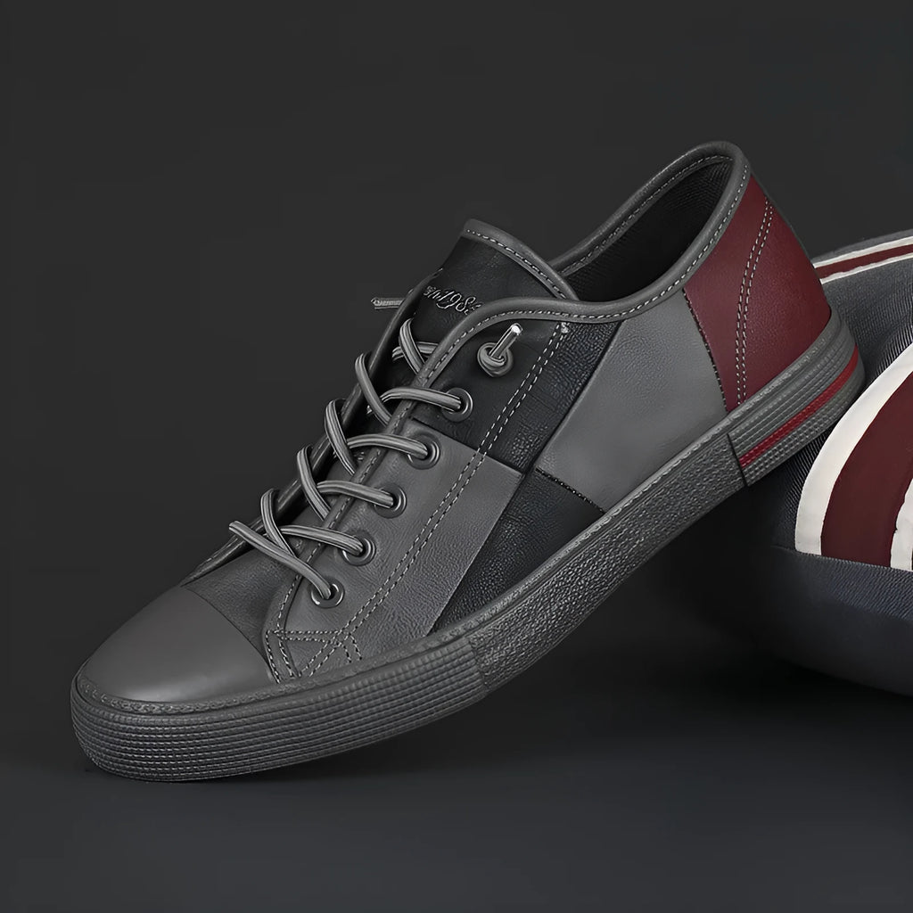 Men's colour-contrast leather shoes with microfiber upper and elastic band design in black and white combination