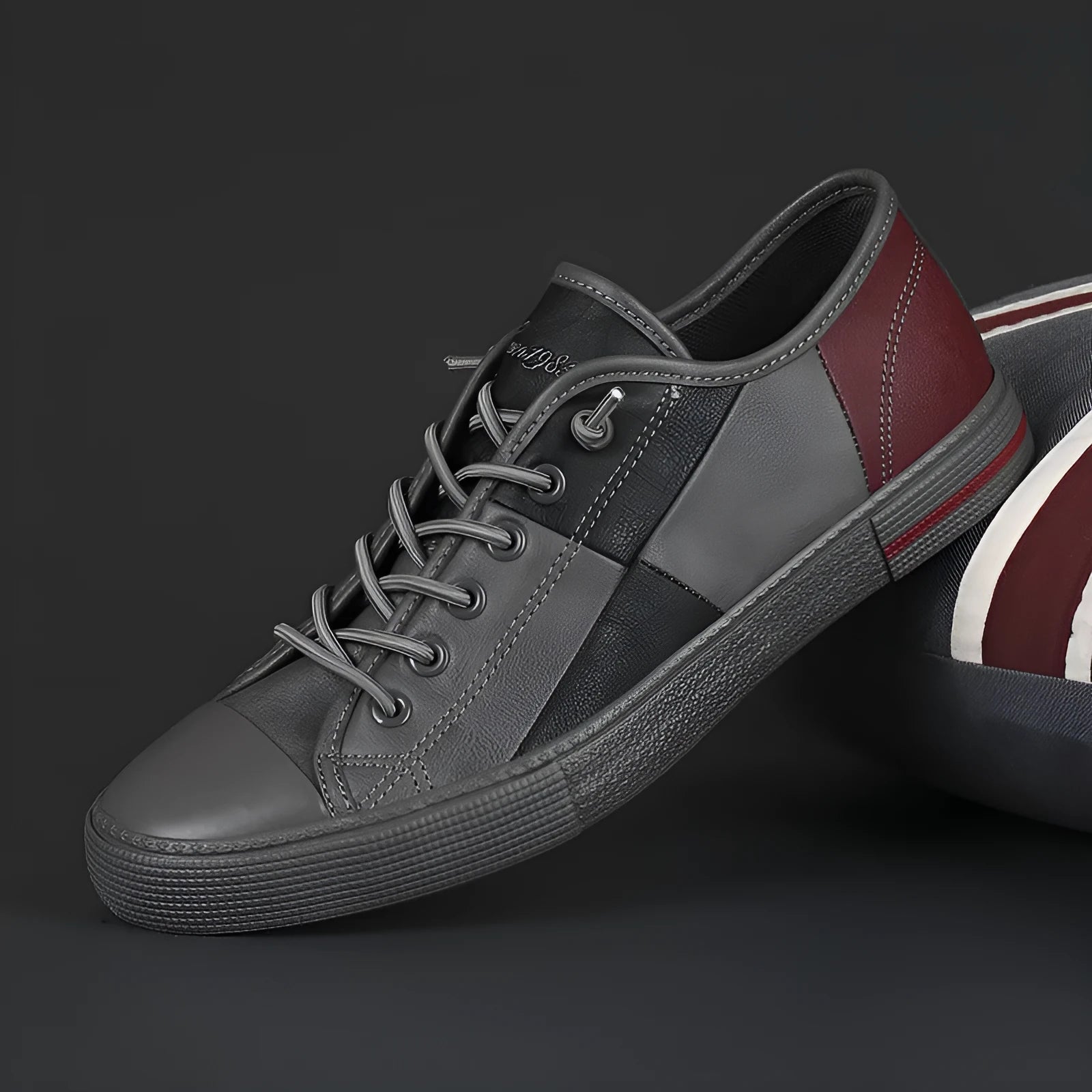 Men's colour-contrast leather shoes with microfiber upper and elastic band design in black and white combination