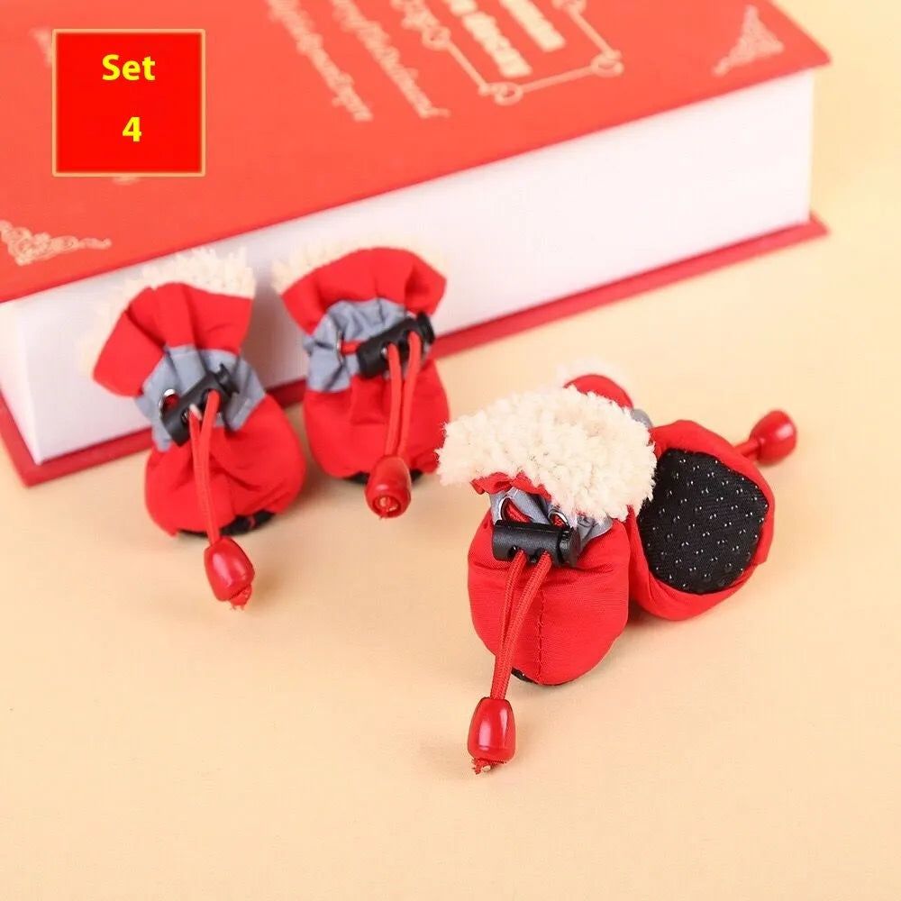 Soft sole cloth dog shoes showing multiple colour options including fleece-lined and monkey print designs