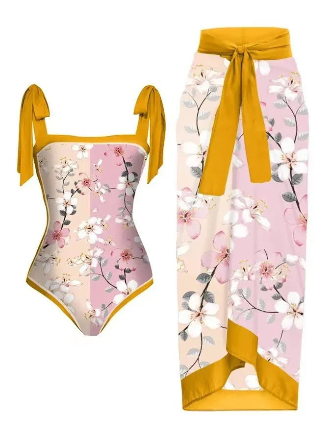 Women's printed floral swimsuit set with chiffon cover-up skirt