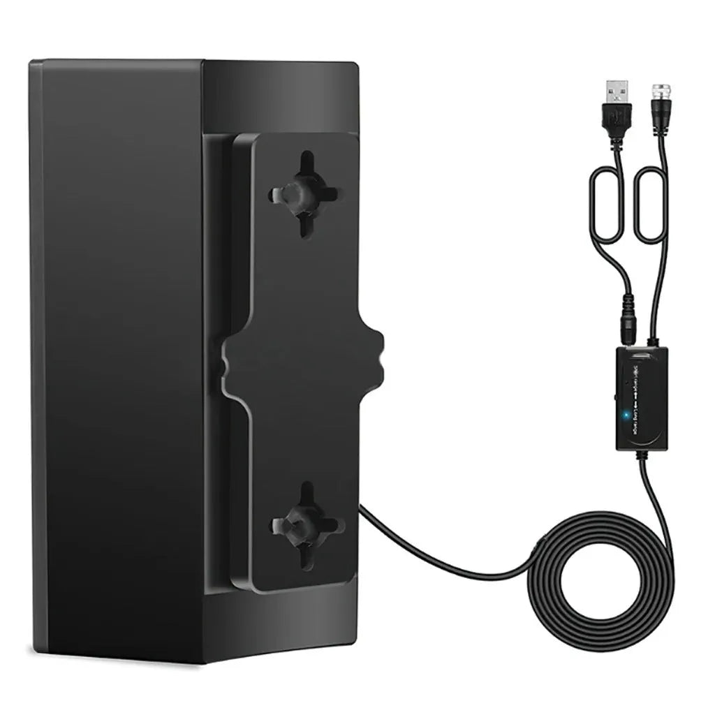Black digital TV antenna with mounting hardware including expansion tubes, screws, cable ties and adhesive tape