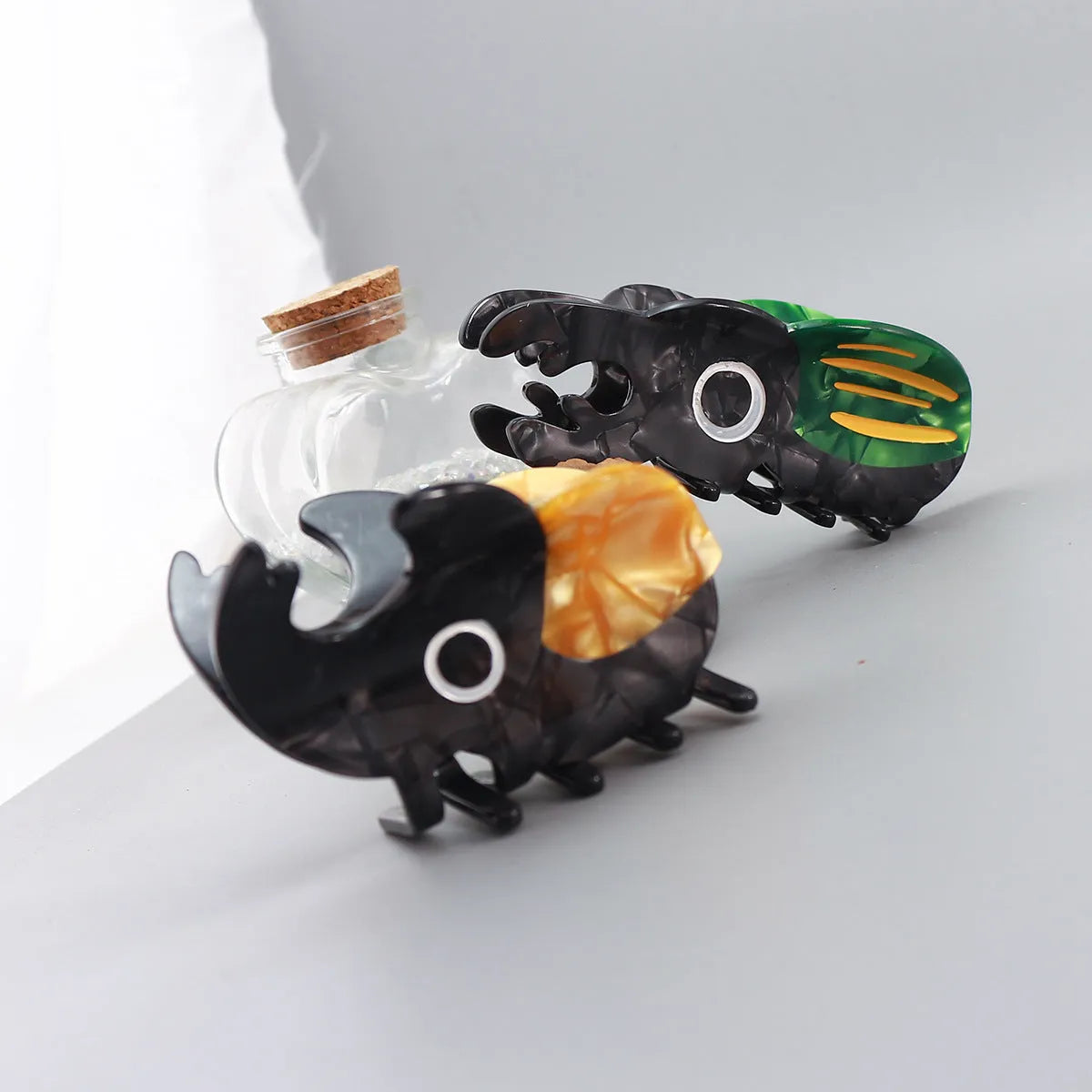 Handmade cellulose acetate beetle grip decorative clip with insect biology cartoon design