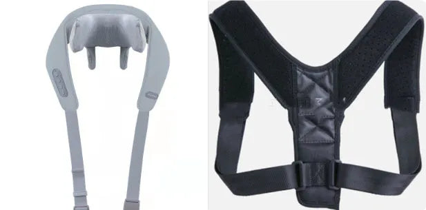 Grey elastic fabric covered neck and back massager with USB charging cable