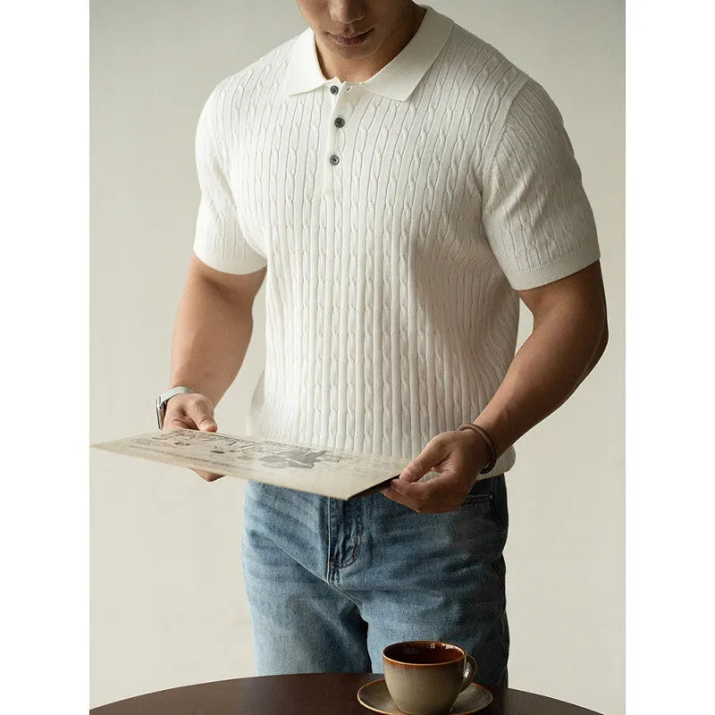 Men's khaki coloured short sleeve business top made from a polyester blend fabric.