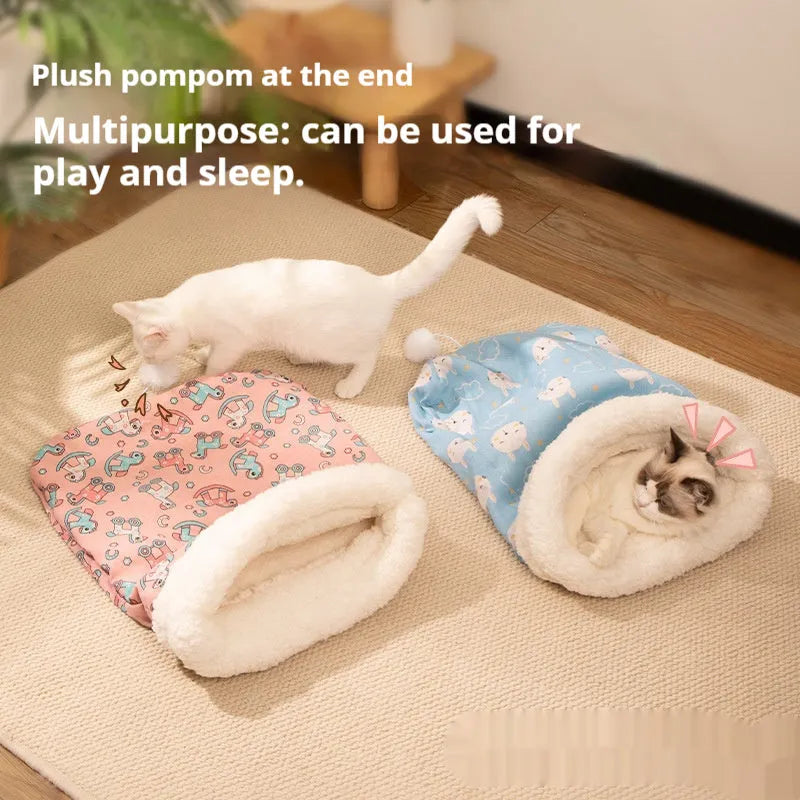 Flannel cat sleeping bag nest bed with print design, dimensions 50cm by 40cm
