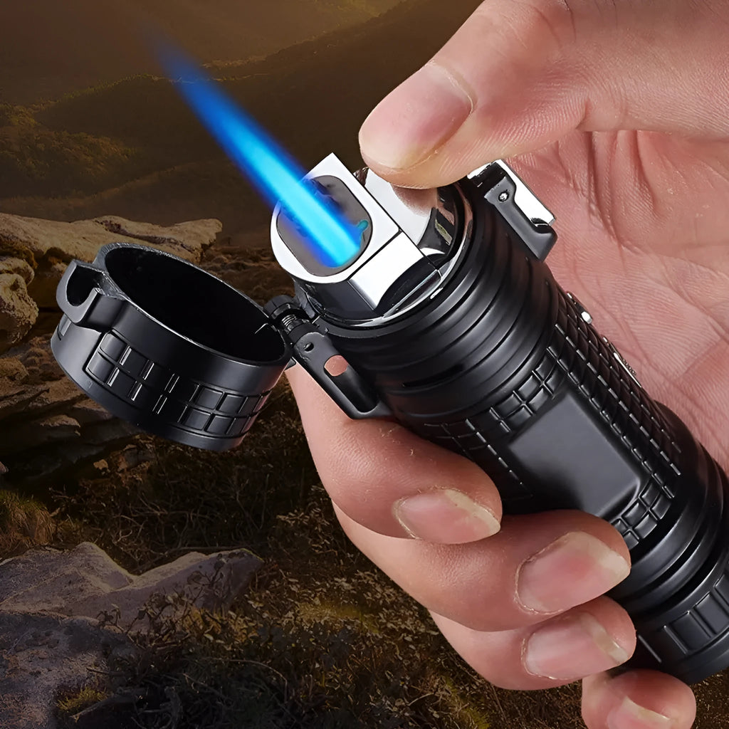 TH727 multi-function waterproof flashlight lighter in metal housing showing five colour options
