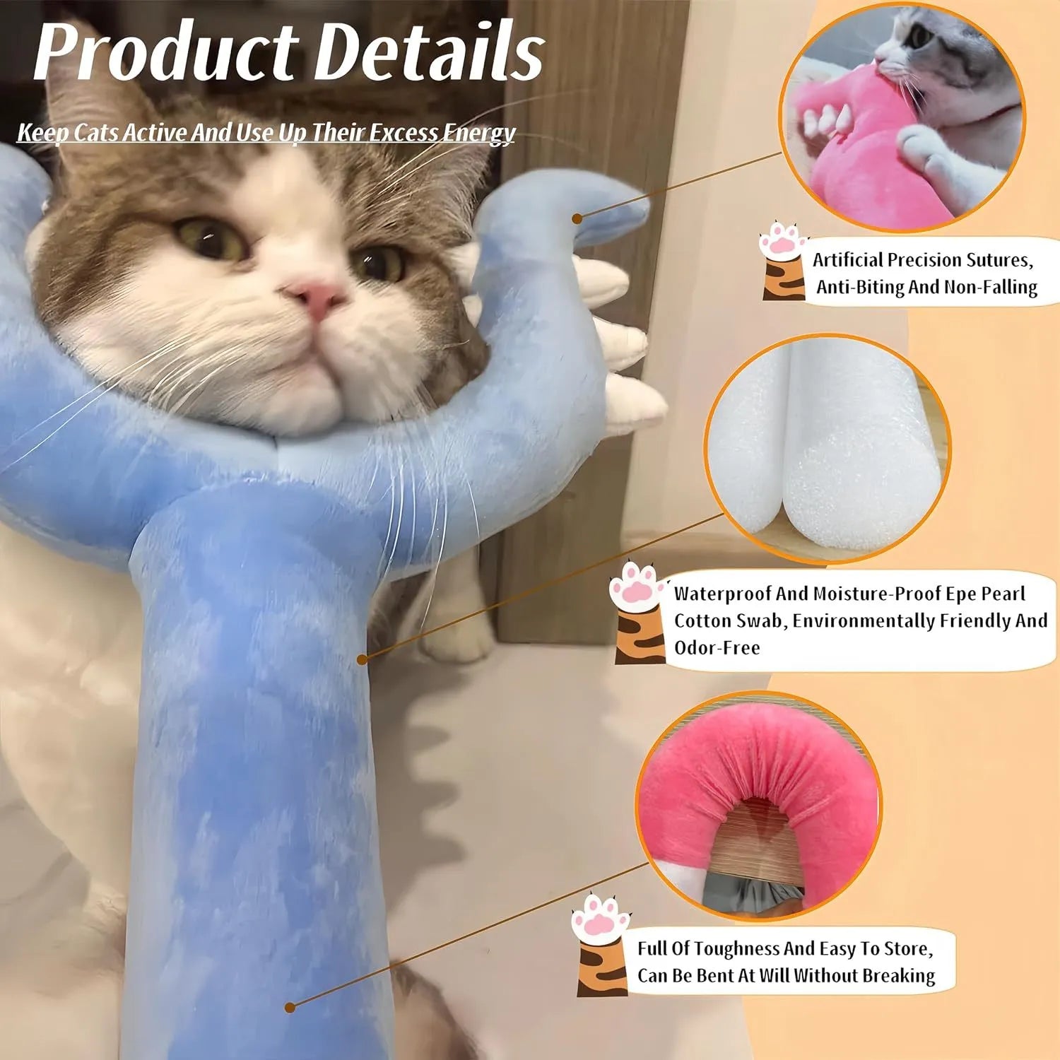 Blue plush cat wand toy with 70cm stick for interactive pet play