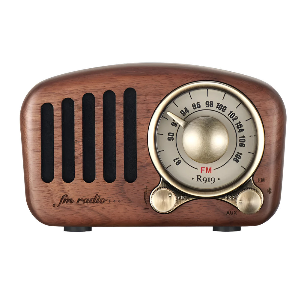 Retro wooden wireless mini speaker in cherry wood finish showing front grille and compact size