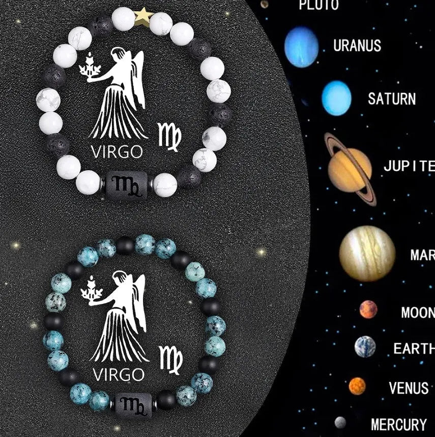 Set of twelve natural stone beaded bracelets showing different zodiac sign designs.