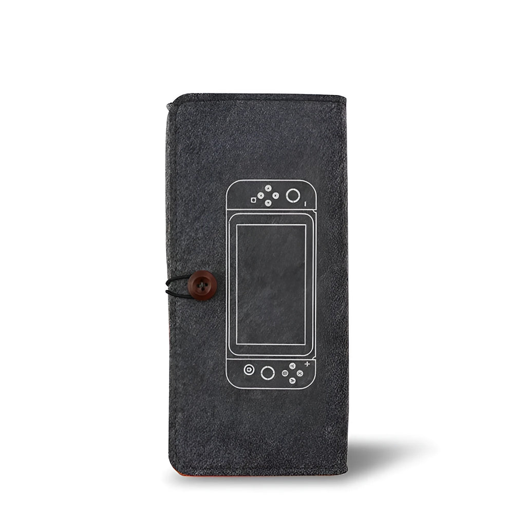 Black felt carrying pouch for Nintendo Switch console with game card slots and double storage layers.