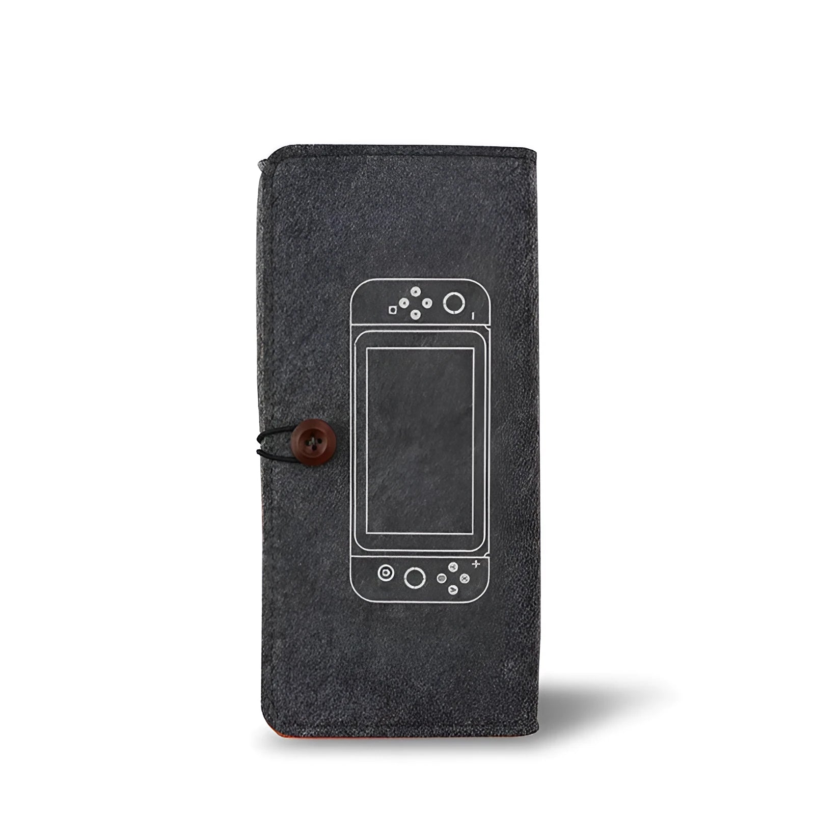 Black felt carrying pouch for Nintendo Switch console with game card slots and double storage layers.
