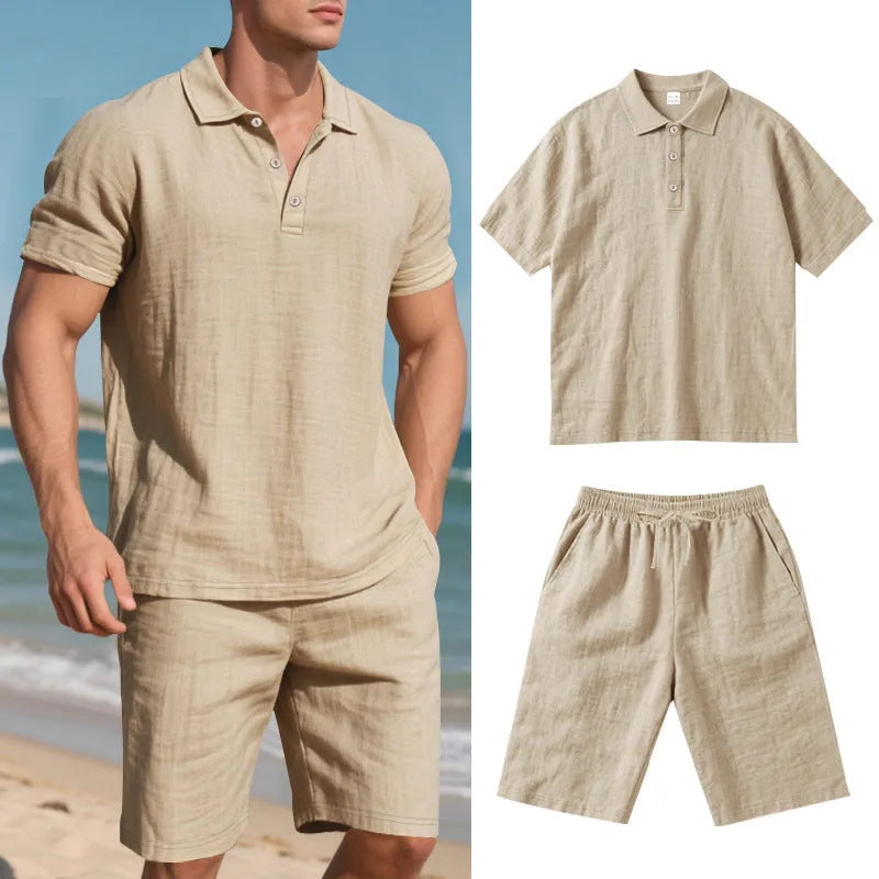 Men's light-coloured linen shorts suit with short sleeve top and matching shorts for summer casual wear