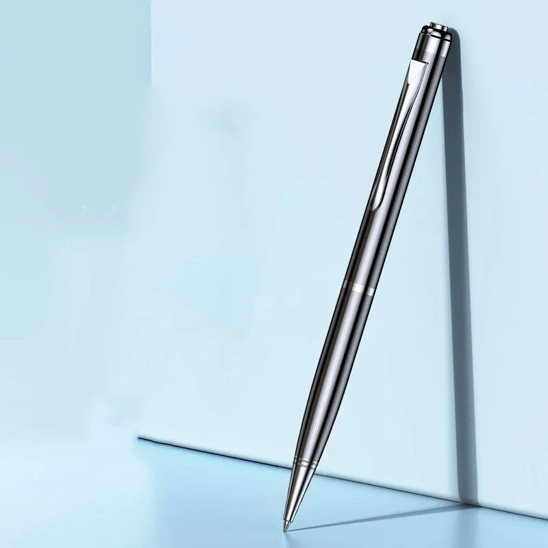 Black pen shaped audio recorder with zinc alloy shell measuring 140mm length
