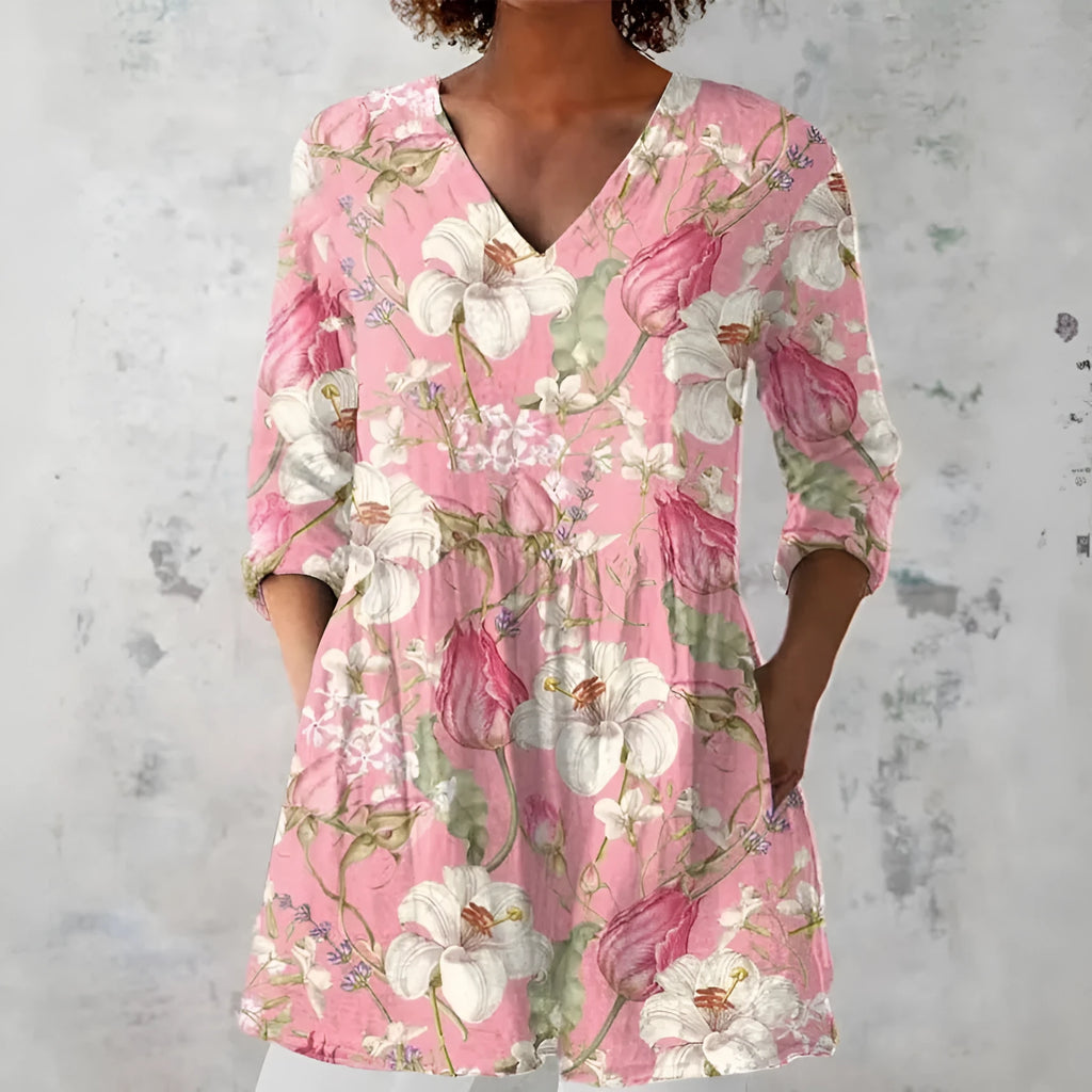 Women's retro slim-fit printed long-sleeved top in a digital print pattern, available in multiple colours.