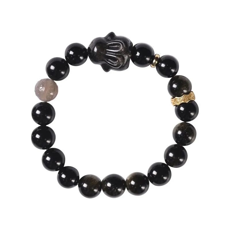 Handmade lying rabbit obsidian bracelet in national style with brass and gray agate