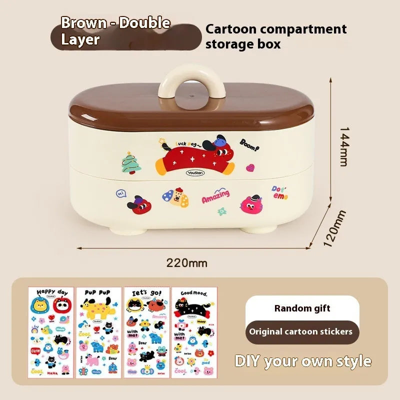 Cartoon design plastic desktop organiser with storage box, pen container, tissue box and coin bank accessories in red and brown colours