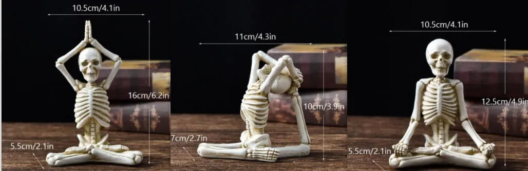 Detailed resin ornament of a yoga pose skeleton skull on a desktop, shown in black and white colour options.