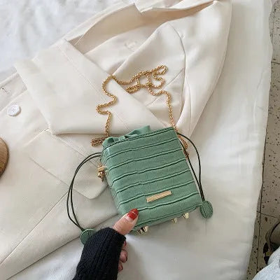 Women's small bucket messenger bag with detachable chain strap in multiple colour options