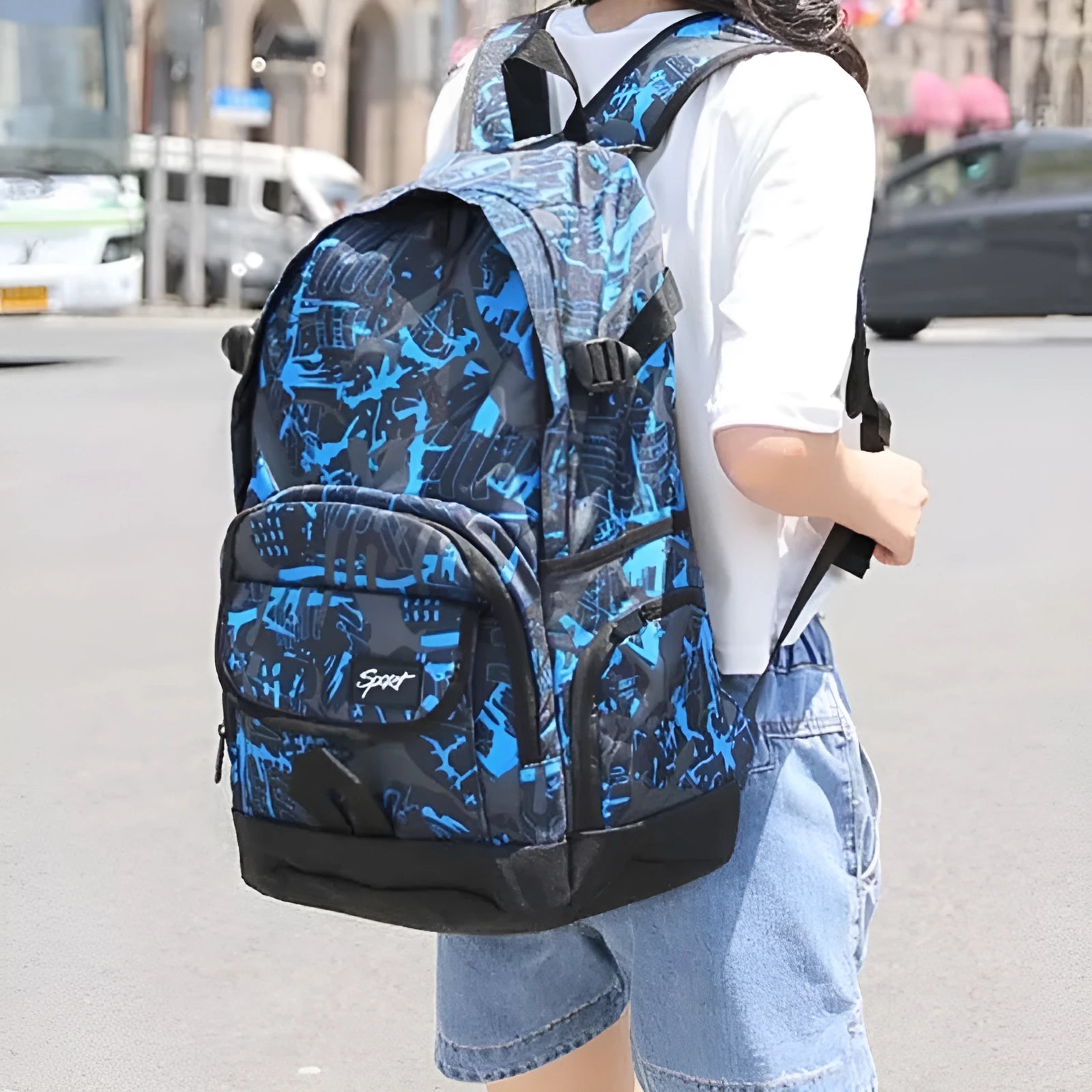 Blue or red nylon backpack with large 20-32 litre capacity for school, travel and outdoor use