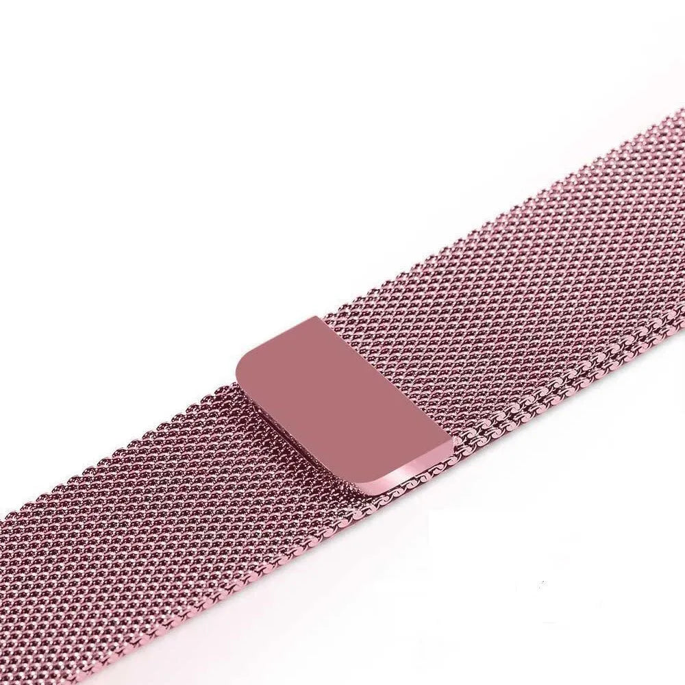 Stainless steel watch replacement strap in silver on a grey background showing adjustable links and buckle.