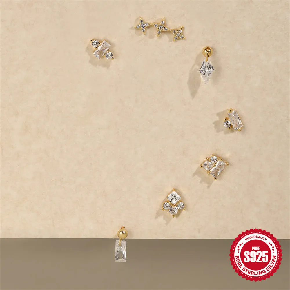S925 sterling silver red square gravel stud earrings with gold electroplated flower design
