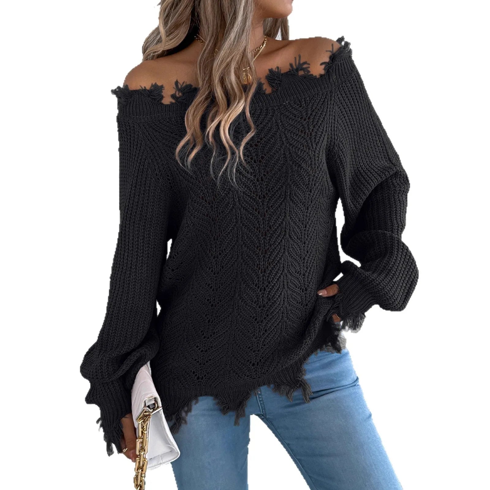 White women's hollow-out knit pullover sweater with long sleeves and an off-the-shoulder neckline.