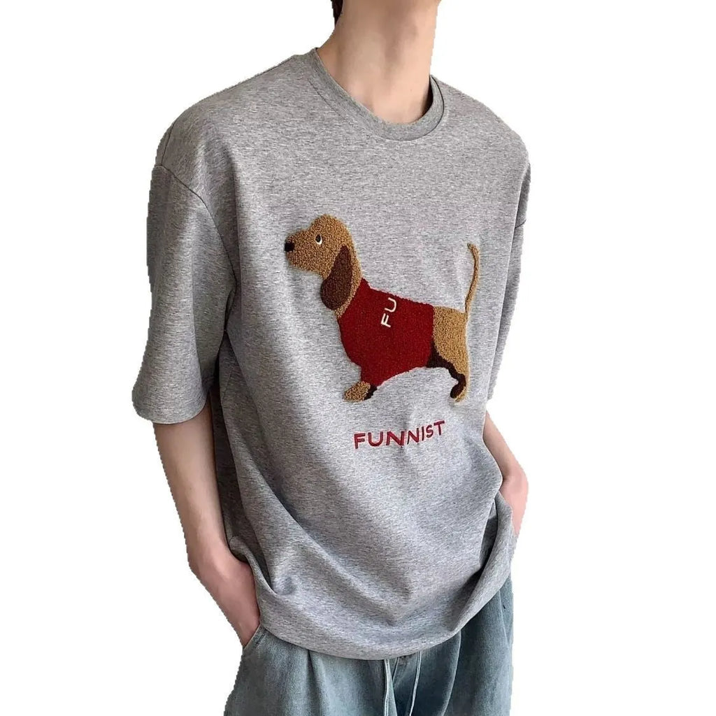 Men's grey cotton T-shirt with embroidered sausage dog design on the front.