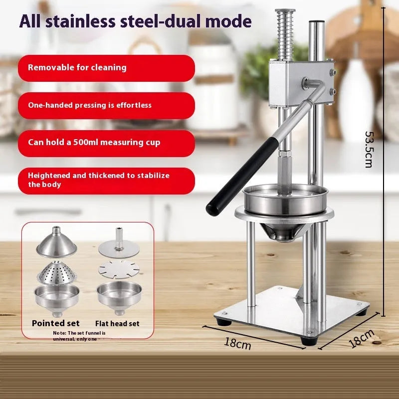 Stainless steel manual orange juicer with quick-disassembly design on countertop