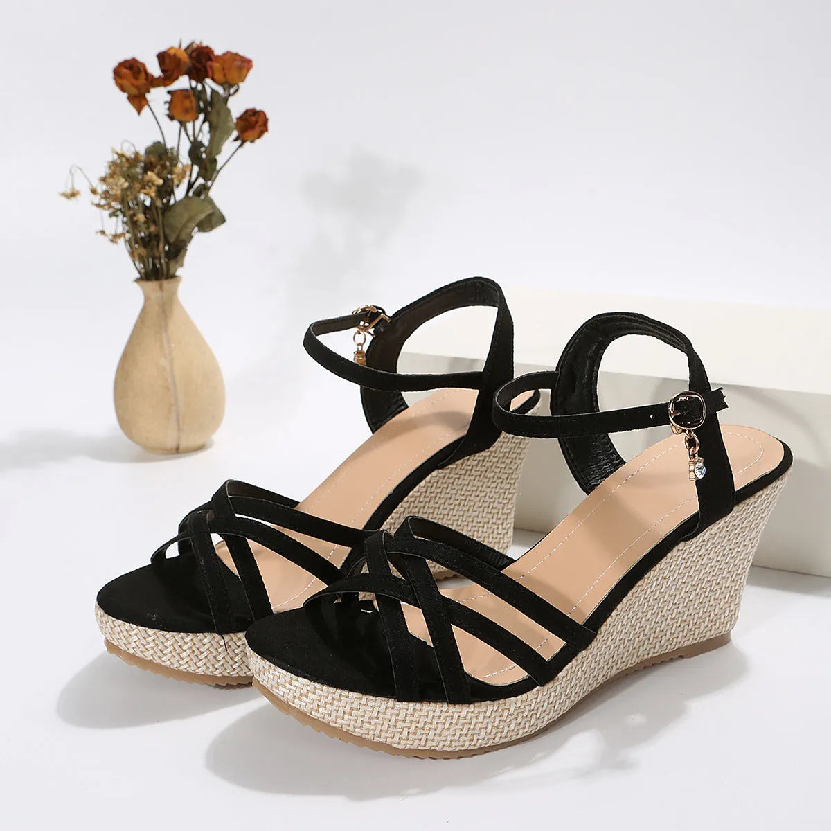 Women's wedge sandals with fish mouth open toe design in black and milky white colours