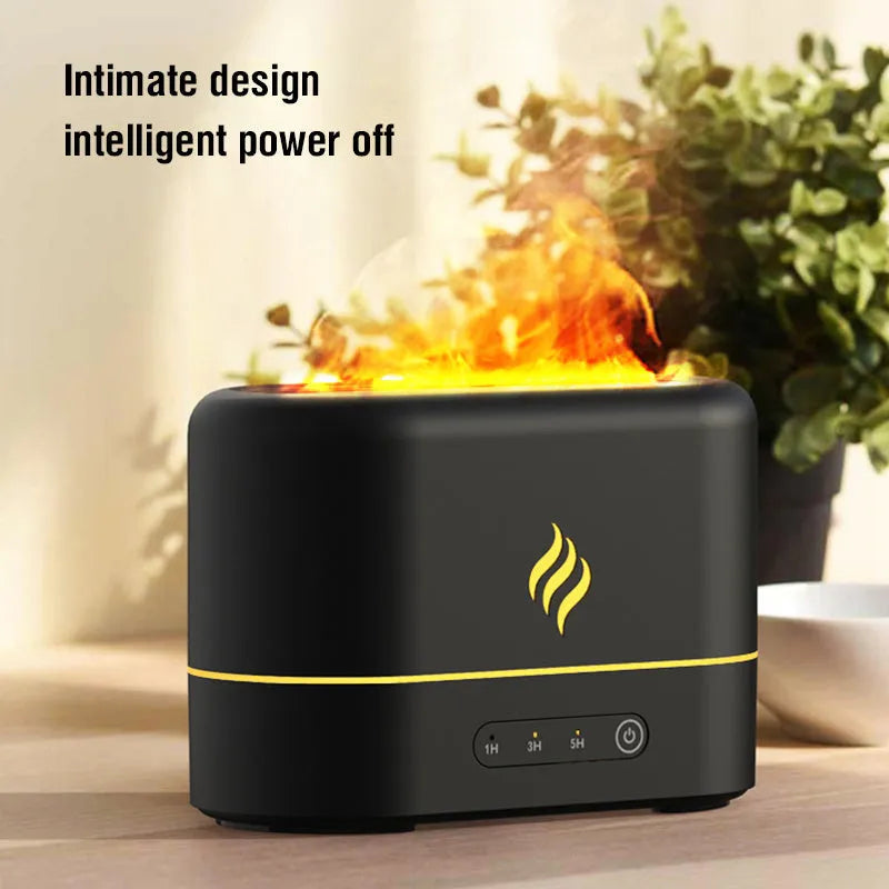 USB-powered aromatherapy humidifier with seven-colour flame LED effect in black or white