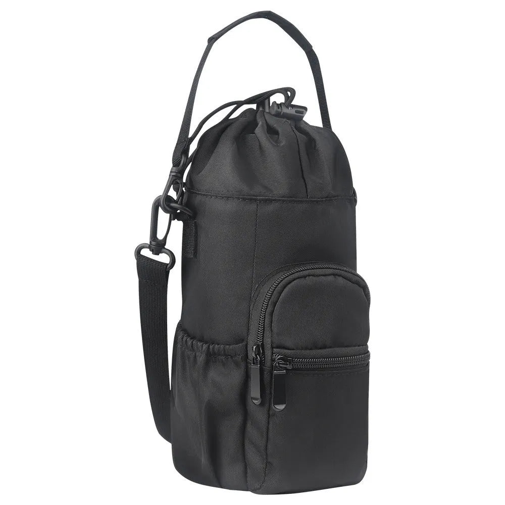 Canvas crossbody water bottle pouch in black green and pink holding a cup