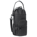 Canvas crossbody water bottle pouch in black green and pink holding a cup