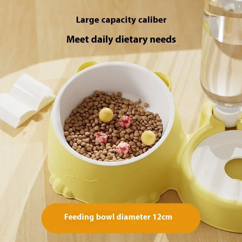 Double bowl automatic pet drinking fountain with stainless steel water reservoir and ceramic food compartments