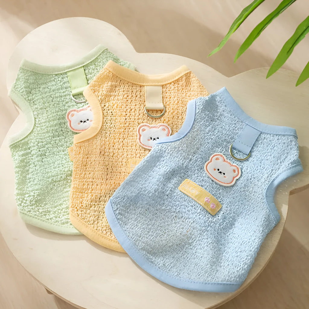 Blue hollowed-out knitted cat jumper with a bear patch, sizes S to XXL