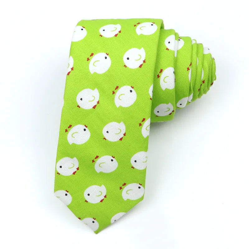 Korean-style narrow men's cotton bow tie with a printed cartoon pattern.