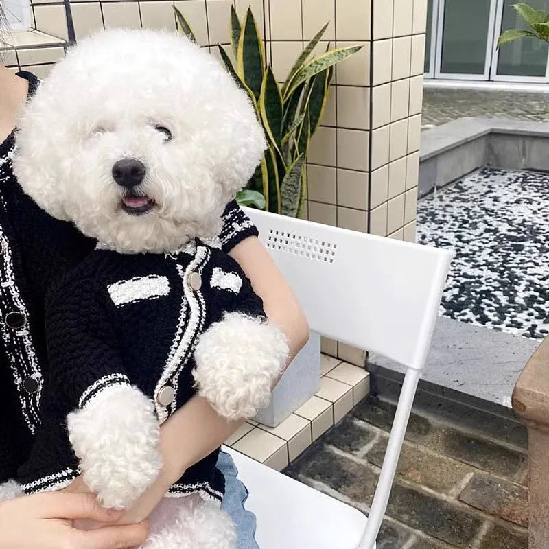 Korean princess style dog sweater with pearl collar for small dogs in black and white colours