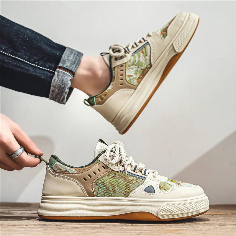 Canvas casual flat shoes in Milan green and beige colours with round toe and cloth lining
