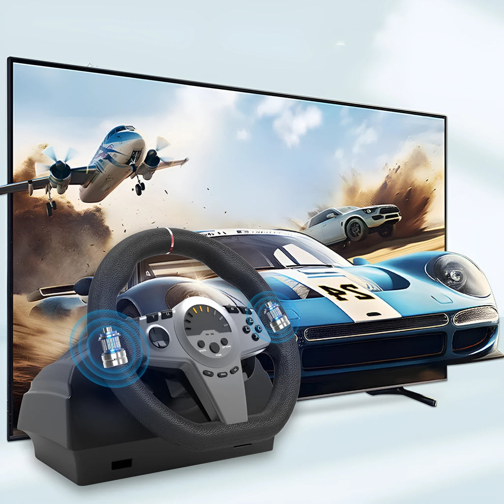 Black multi-platform gaming steering wheel with two pedals and a USB cable on a desk.
