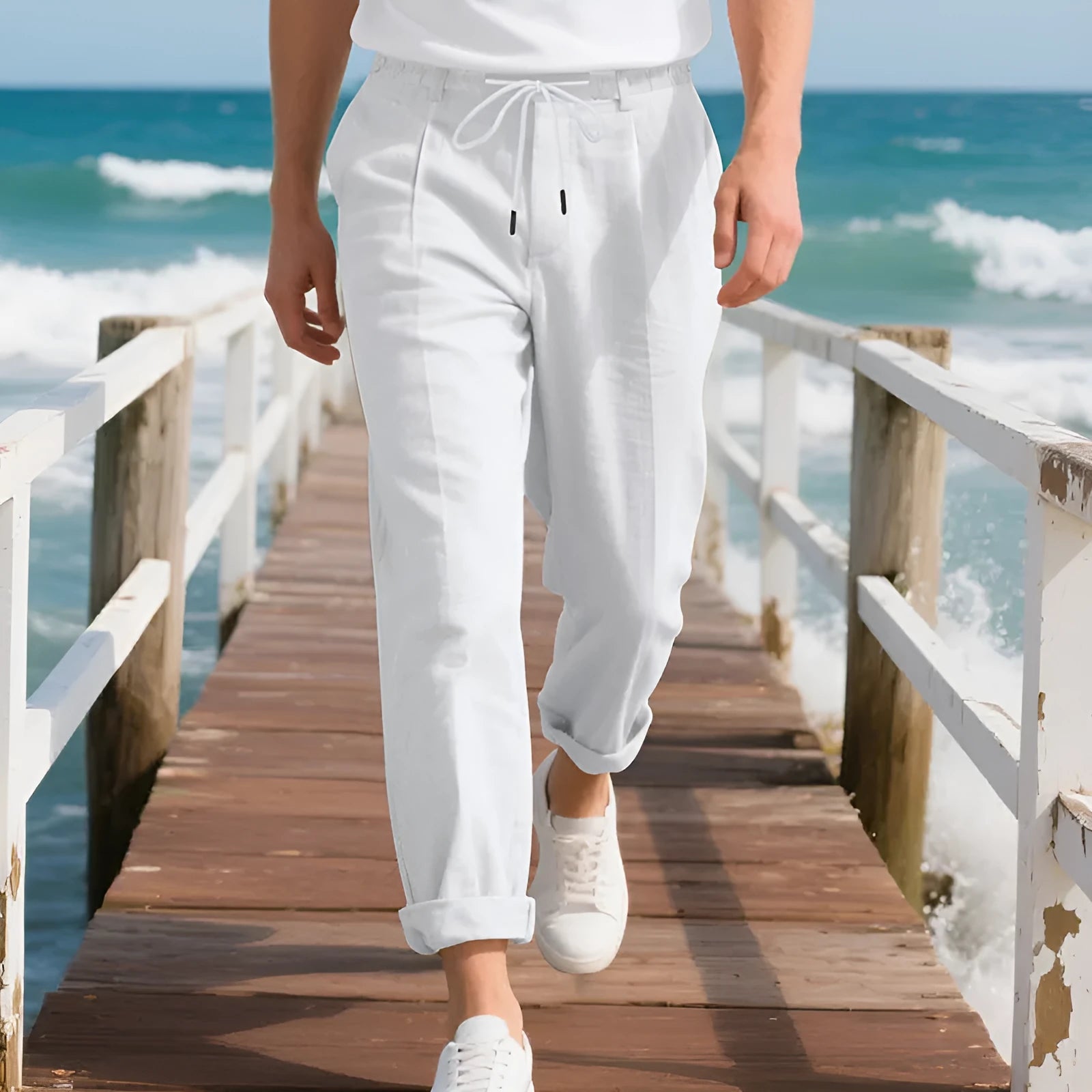 Men's straight leg linen trousers in light khaki colour with drawstring waist, laid flat.
