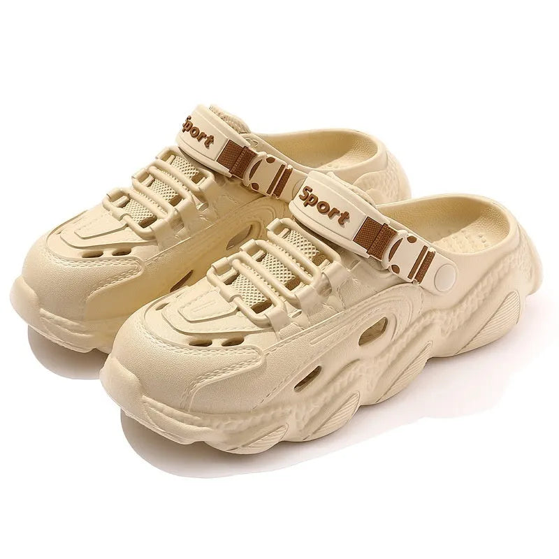 Men's khaki outdoor slippers with a breathable design and textured EVA sole.