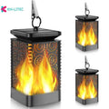 Set of four black solar-powered flame torch lights with flickering LED effect for garden pathways