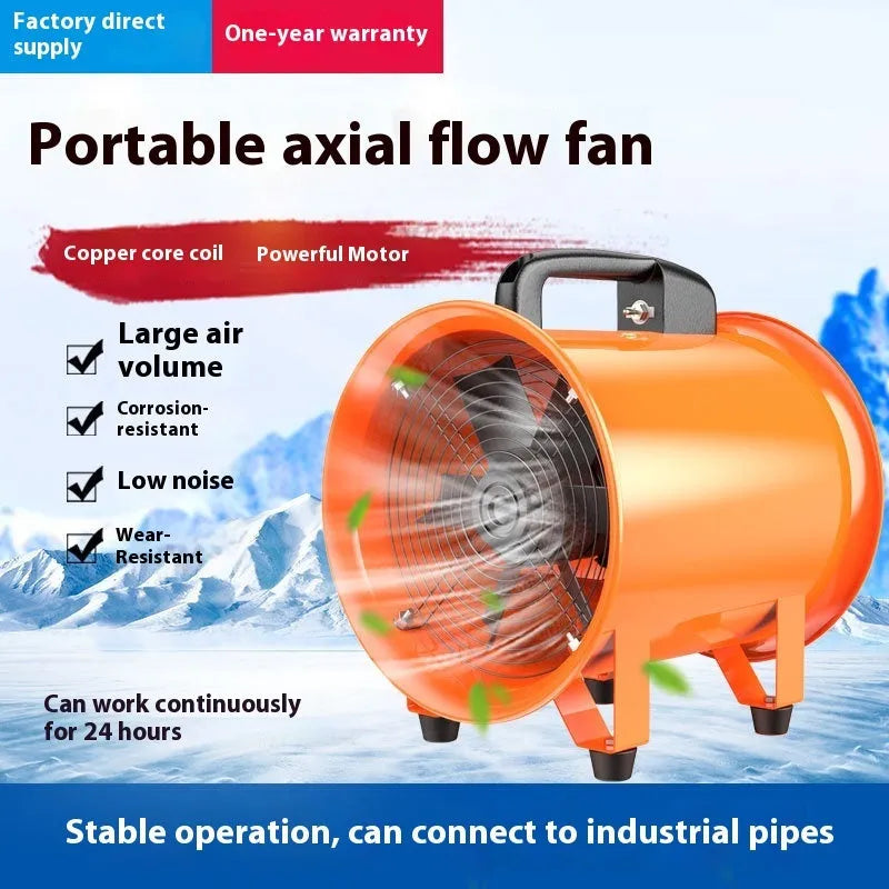 Industrial axial flow fan with titanium steel blades and attached air duct for ventilation.