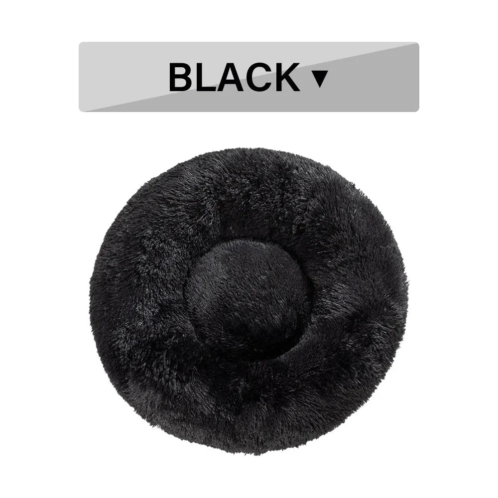 Donut-shaped long plush pet bed with raised sides, shown in a neutral colour.